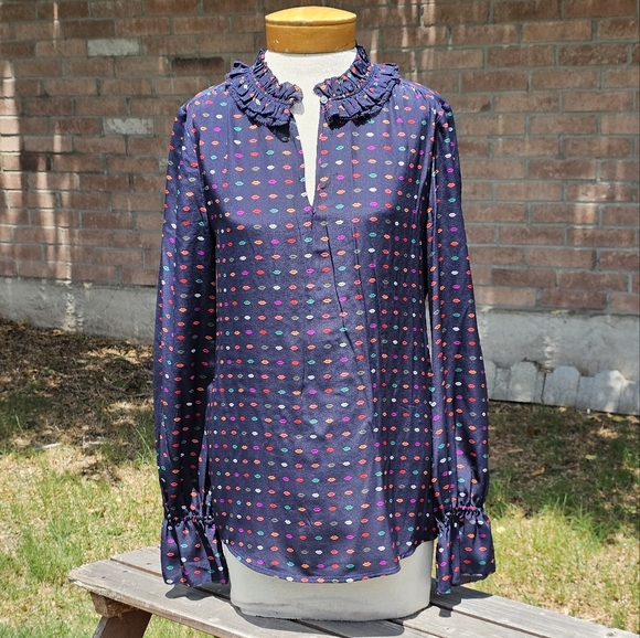 NWOT J Crew navy & lips silk blouse - Picture 3 of 9